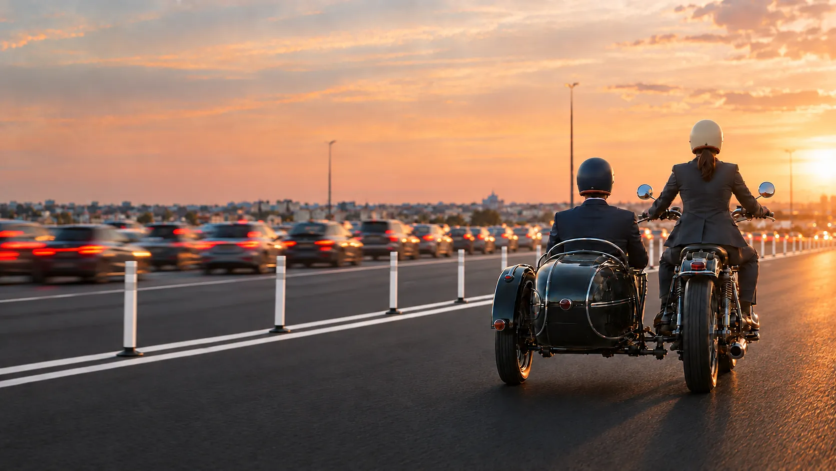 Two helmeted riders on a motorcycle with a sidecar traveling in a clear lane beside traffic at sunset.